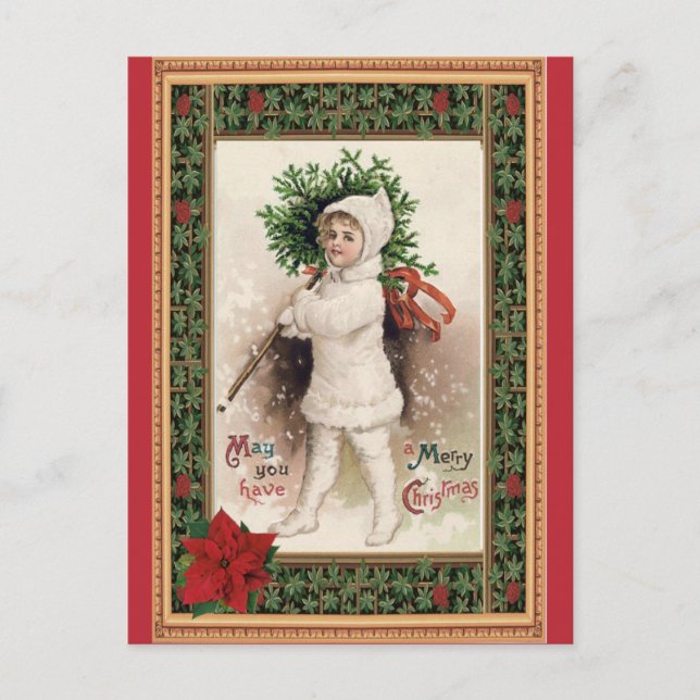 Postal Vintage Merry Christmas Victorian Child Poinsettia (Anverso)