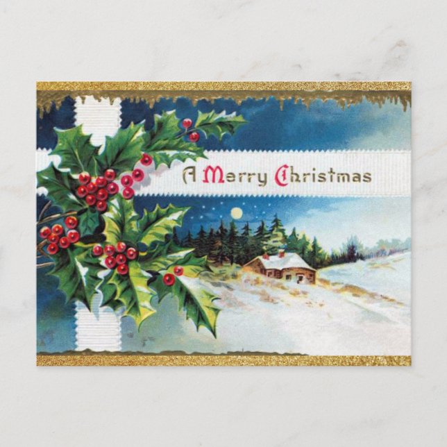 Postal Vintage Merry Christmas with Gold Glitter (Anverso)