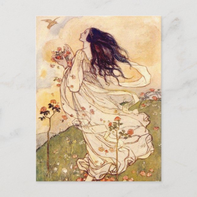 Postal Vintage - Mujer y pájaro, (Anverso)