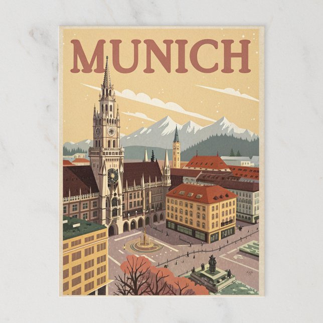 Postal Vintage Munich Marienplatz y Alpes (Subido por el creador)