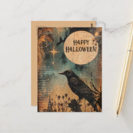 Postal Vintage Mystic Raven Moon Happy Halloween