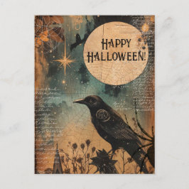 Postal Vintage Mystic Raven Moon Happy Halloween
