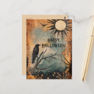 Postal Vintage Mystic Raven Sun Happy Halloween