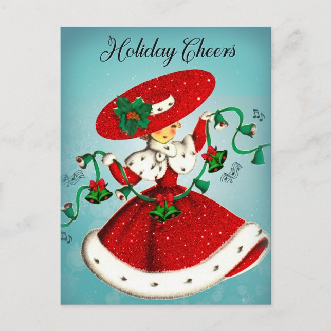 Postal Vintage Navidad campanas verdes chica purpurina ro (Anverso)