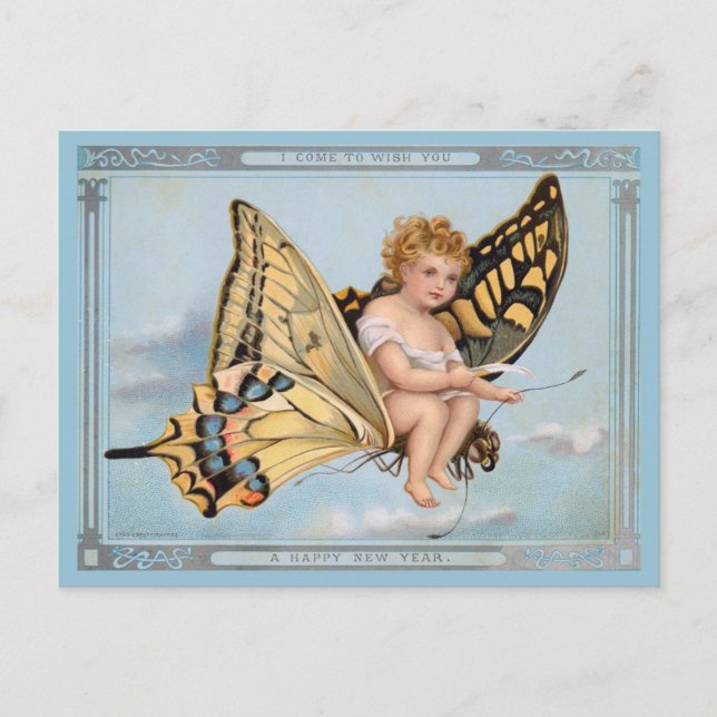 Postal Vintage New Year Greetings Angel Cherub (Anverso)