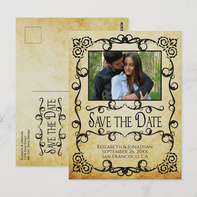 Postal Vintage Parchment Ornate Wedding Save the Date (Anverso / Reverso)
