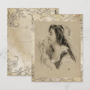 Postal Vintage Paris Chica Dandelion Flower