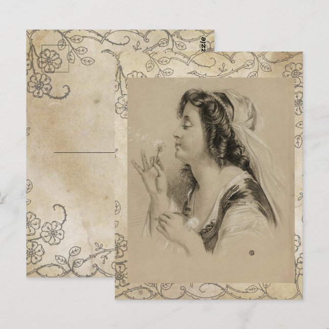 Postal Vintage Paris Chica Dandelion Flower (Anverso / Reverso)