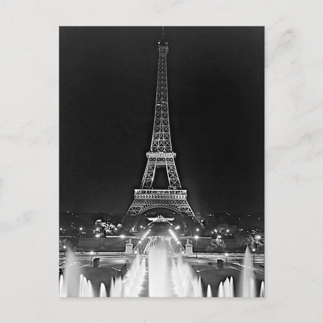 Postal Vintage Paris Fontains Torre Eiffel noche (Anverso)