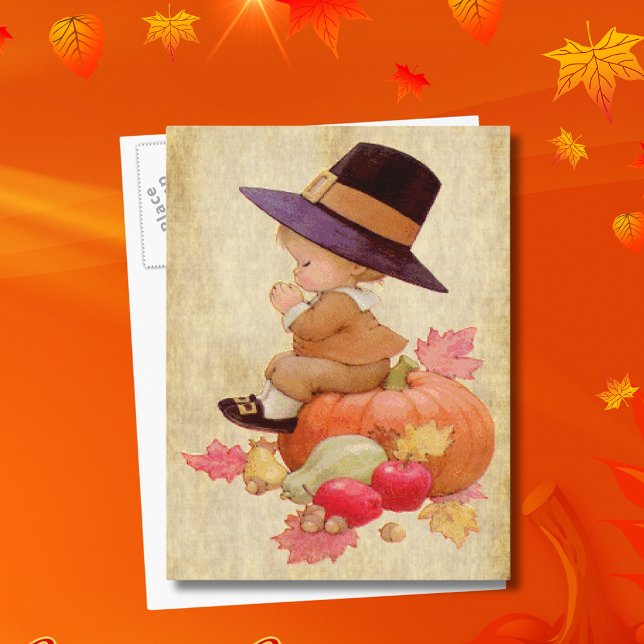 Postal Vintage Peregrino Orando Calabaza Pergamino Tan (Vintage Pilgrim Boy Praying Pumpkin Parchment Tan Postcard)