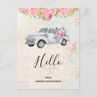 Postal Vintage Pickup Truck Rustic Watercolor Hola