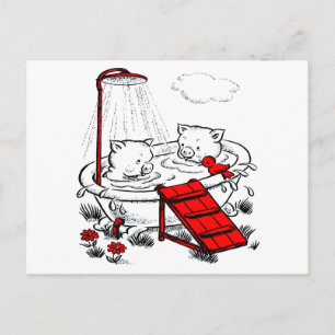 Postal Vintage Piggies & Bird In Bath