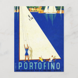 Postal Vintage Portofino Blue Sea White Sailboat Turismo