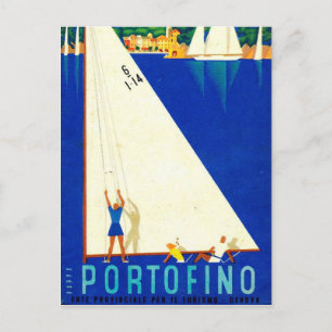 Postal Vintage Portofino Blue Sea White Sailboat Turismo