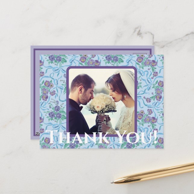 Postal Vintage Purple Pansies Cinta Azul claro (Anverso/Reverso In Situ)