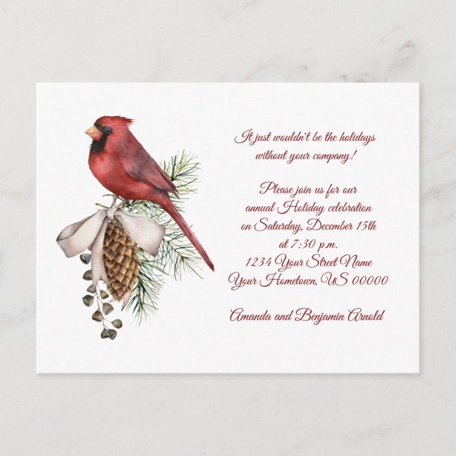 Postal Vintage Red Bird Pine Cones Ribbon (Anverso)