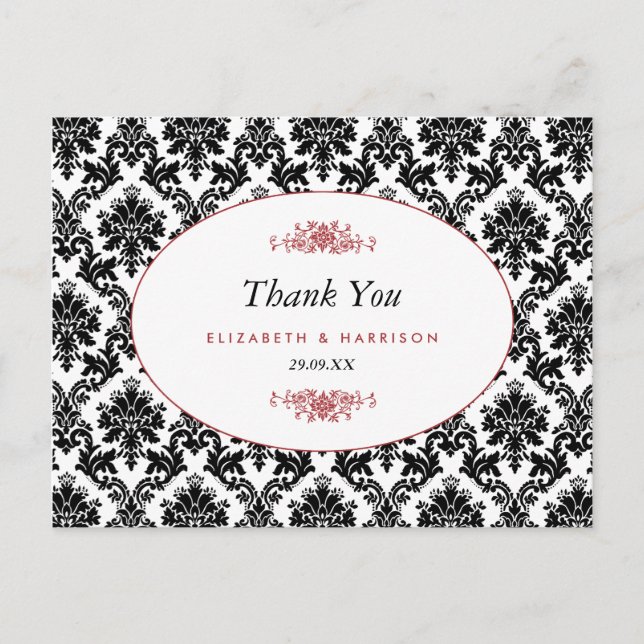 Postal Vintage Red Black & White Damask Wedding Gracias (Anverso)
