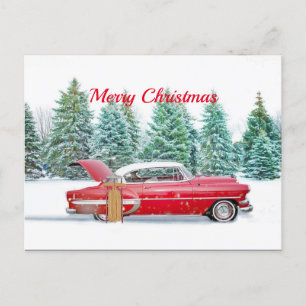 Postal Vintage Red Car Sled Navidades