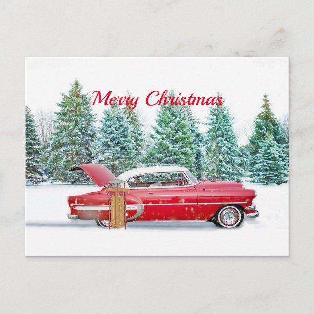 Postal Vintage Red Car Sled Navidades (Anverso)