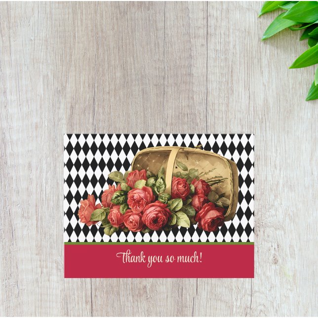 Postal Vintage Red Roses Basket Gracias (Subido por el creador)