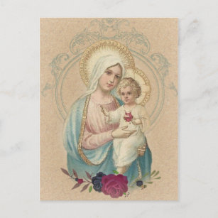 Postal Vintage Religiosa Bendita Virgen María Bebé Jesús