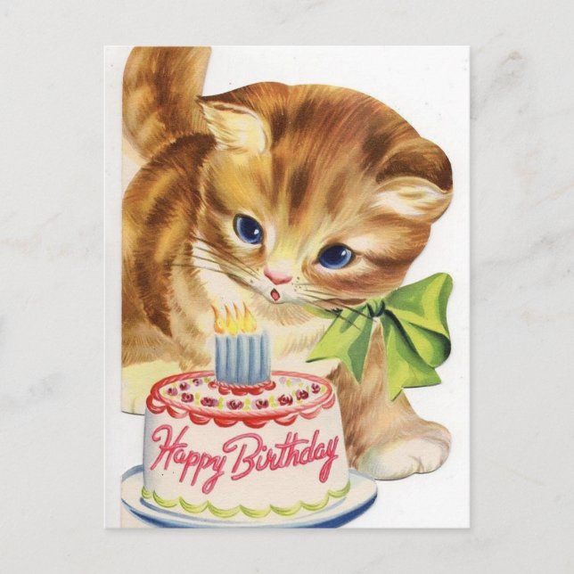 Postal Vintage Retro Cat Kitten Birthday Cake Greeting (Anverso)