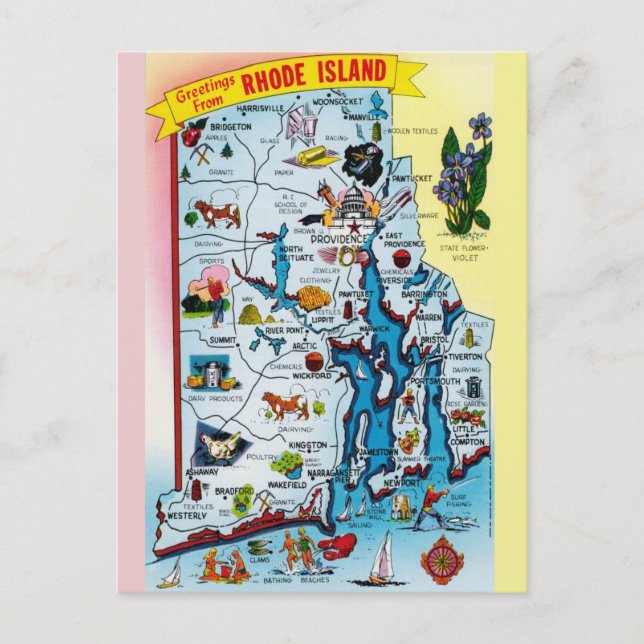 Postal Vintage Rhode Island Map Postcard (Anverso)