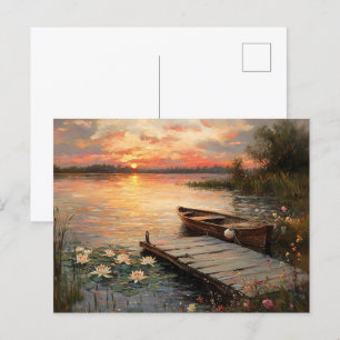 Postal Vintage Rowboat en el lago Sunset