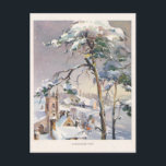 Postal Vintage Rustic Snowowly Winter Chistmas Village<br><div class="desc">Clásico ilustracion vacacional reformado con nostalgia, que cuenta con un pueblo rústico y tranquilo cubierto de nieve, con una antigua iglesia de piedra, árboles y el cielo nocturno con copas de nieve. En la parte posterior se muestra el fondo del pergamino antiguo con etiqueta escénica complementaria con saludo y espacio...</div>