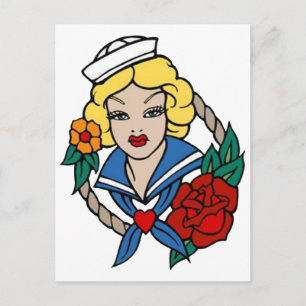 Postal Vintage Sailor Chica con arte de tatuaje Rosa