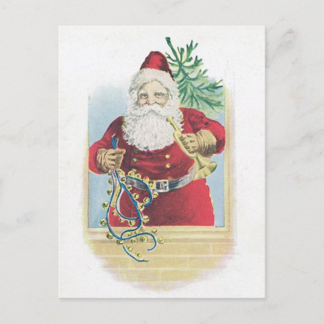 Postal Vintage Santa con campanas y cuerno (Anverso)