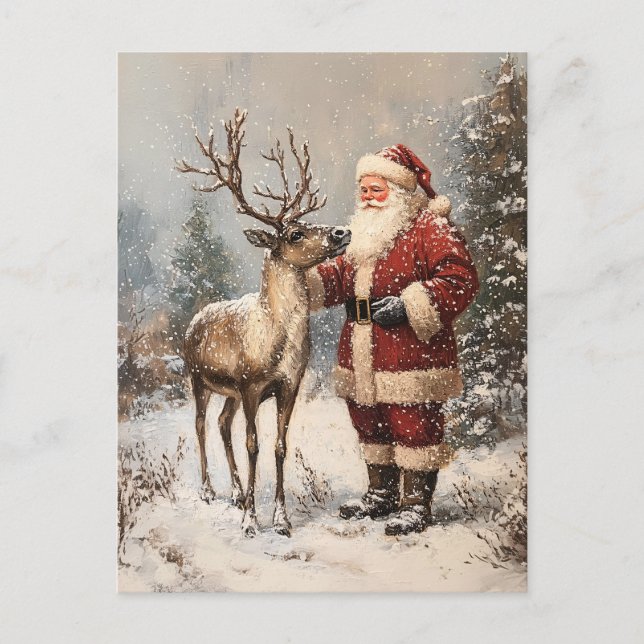 Postal Vintage Santa Petting A Reindeer Painting (Anverso)