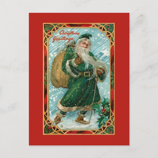 Postal Vintage Santa Robada Verde en Nieve (Anverso)