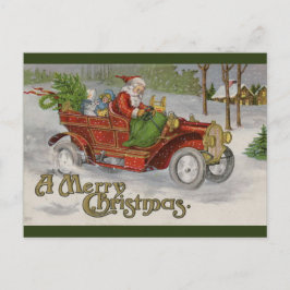 Postal Vintage Santa y Red Car Greetings Christmas