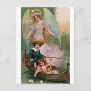 Postal Vintage Schutzengel Kinder und Boot