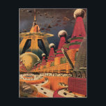 Postal Vintage Science Ficción Futurista City Volador Aut<br><div class="desc">Imagen de ficción de ilustracion de viajes y transporte con historietas clásicas retro de ciencia ficción en un entorno urbano con una ciudad del futuro. Los edificios arquitectónicos tienen forma de conos y los vehículos vuelan en el cielo como pájaros mientras las multitudes se mueven a través de la metrópolis....</div>