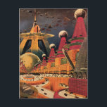 Postal Vintage Science Ficción Futurista City Volador Aut<br><div class="desc">Imagen de ficción de ilustracion de viajes y transporte con historietas clásicas retro de ciencia ficción en un entorno urbano con una ciudad del futuro. Los edificios arquitectónicos tienen forma de conos y los vehículos vuelan en el cielo como pájaros mientras las multitudes se mueven a través de la metrópolis....</div>