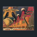 Postal Vintage Science Ficción Futurista City Volador Aut<br><div class="desc">Imagen de ficción de ilustracion de viajes y transporte con historietas clásicas retro de ciencia ficción en un entorno urbano con una ciudad del futuro. Los edificios arquitectónicos tienen forma de conos y los vehículos vuelan en el cielo como pájaros mientras las multitudes se mueven a través de la metrópolis....</div>