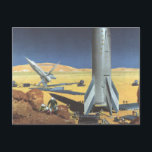Postal Vintage Science Fiction Desert Planet con cohetes<br><div class="desc">Ilustracion vintage futurista en el espacio exterior y planetas ciencia ficción imagen del cohete. Un cohete de ciencia ficción de viajes y transporte retro en un planeta extranjero o una luna con astronautas explorando el terreno en este desconocido mundo extraterrestre. Un clásico de los años 50: el diseño de ciencia...</div>