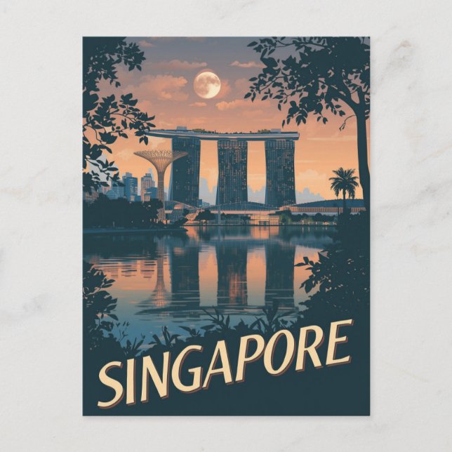 Postal Vintage Singapore Travel Poster Skyline Moon (Anverso)