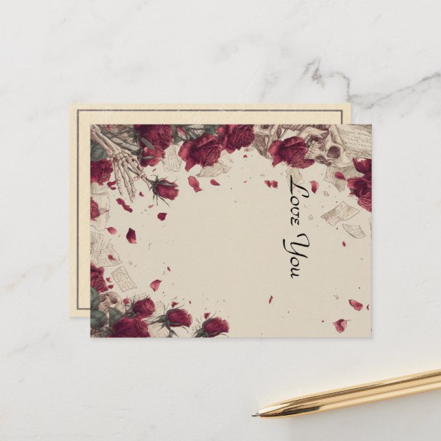 Postal Vintage Skeleton Skull Love Red Rose Collage (Anverso/Reverso In Situ)
