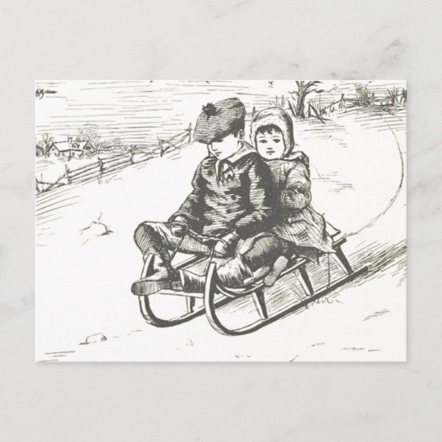 Postal Vintage Sled Navidades vacaciones Chica de inviern (Anverso)