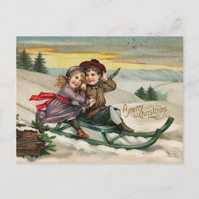 Postal Vintage Sledding Boy Y Chica (Anverso)