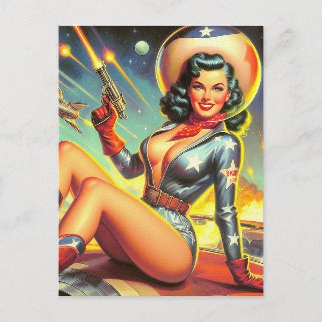 Postal Vintage Space Cowgirl Pin Up (Anverso)