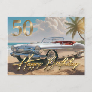 Postal Vintage Sports Car en una playa tropical Happy 50