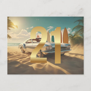 Postal Vintage Sports Car tropical beach playa 21 cumplea