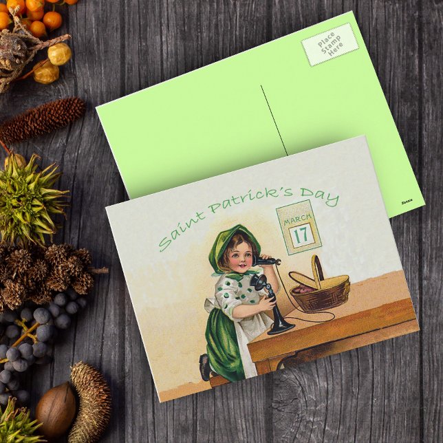 Postal Vintage St. Patrick's Day Chica (Vintage little Irish Girl Saint Patrick's Day in green on old time telephone on postcard.)