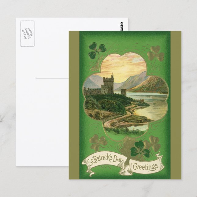 Postal Vintage St Patricks Day Greetings Castle Shamrock (Anverso / Reverso)