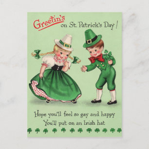 Postal Vintage St. Patrick's Day Kids con Gorra irlandés