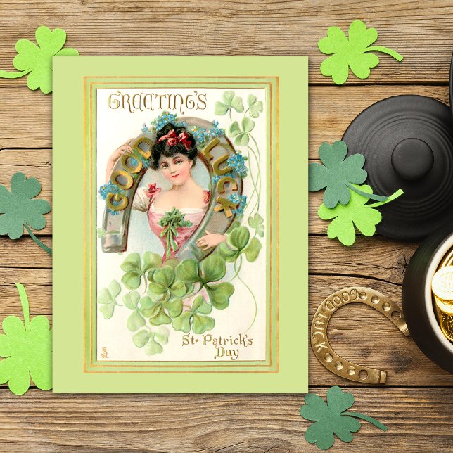Postal Vintage St. Patrick's Day Lassie con Herradura (Subido por el creador)
